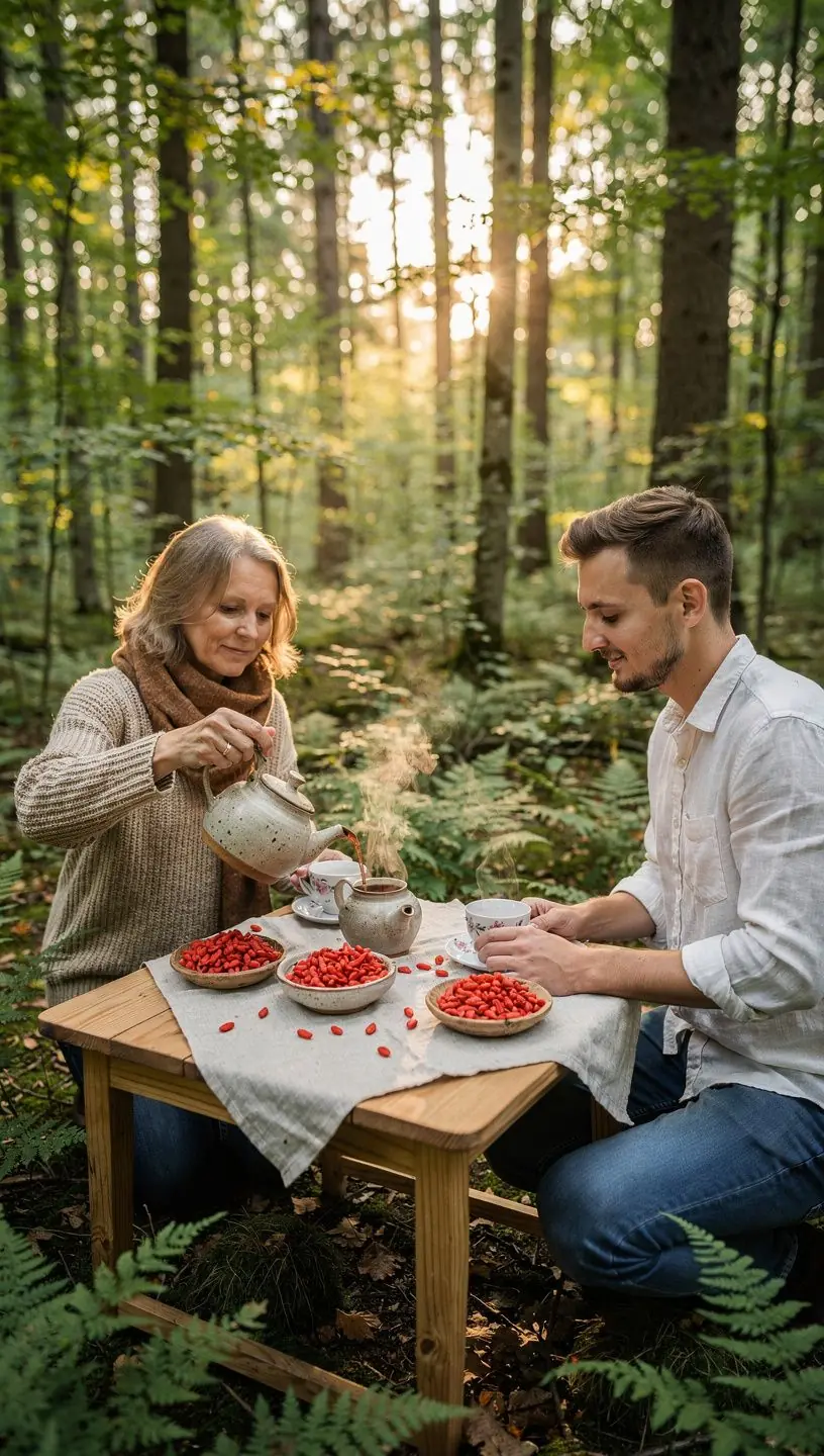 Šviežios goji uogos, iš kurių gaminama arbata, pavaizduotos ant stalo.