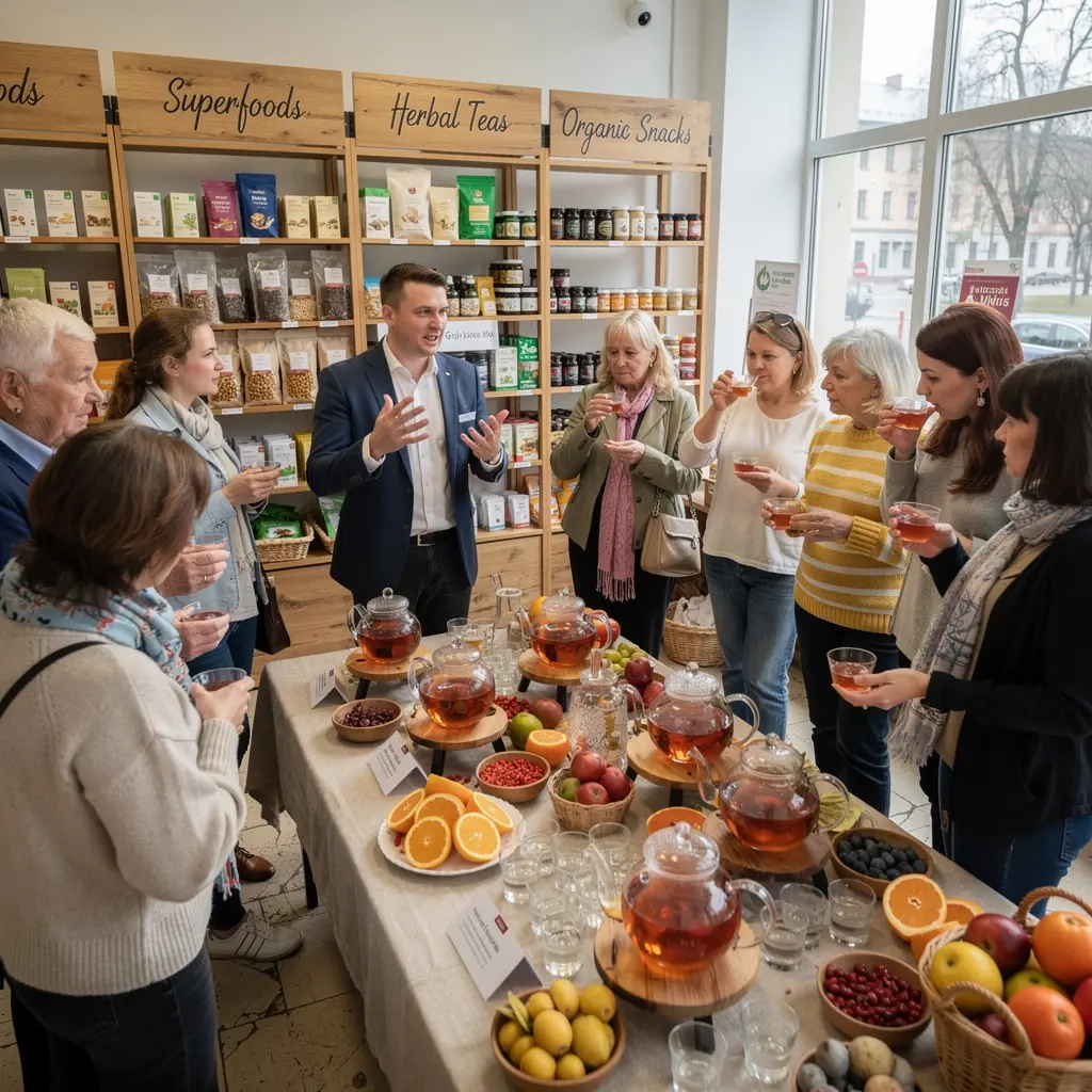 Arbatos puodelis, pripildytas ryškiai raudonos goji uogų arbatos, ant medinio stalo.