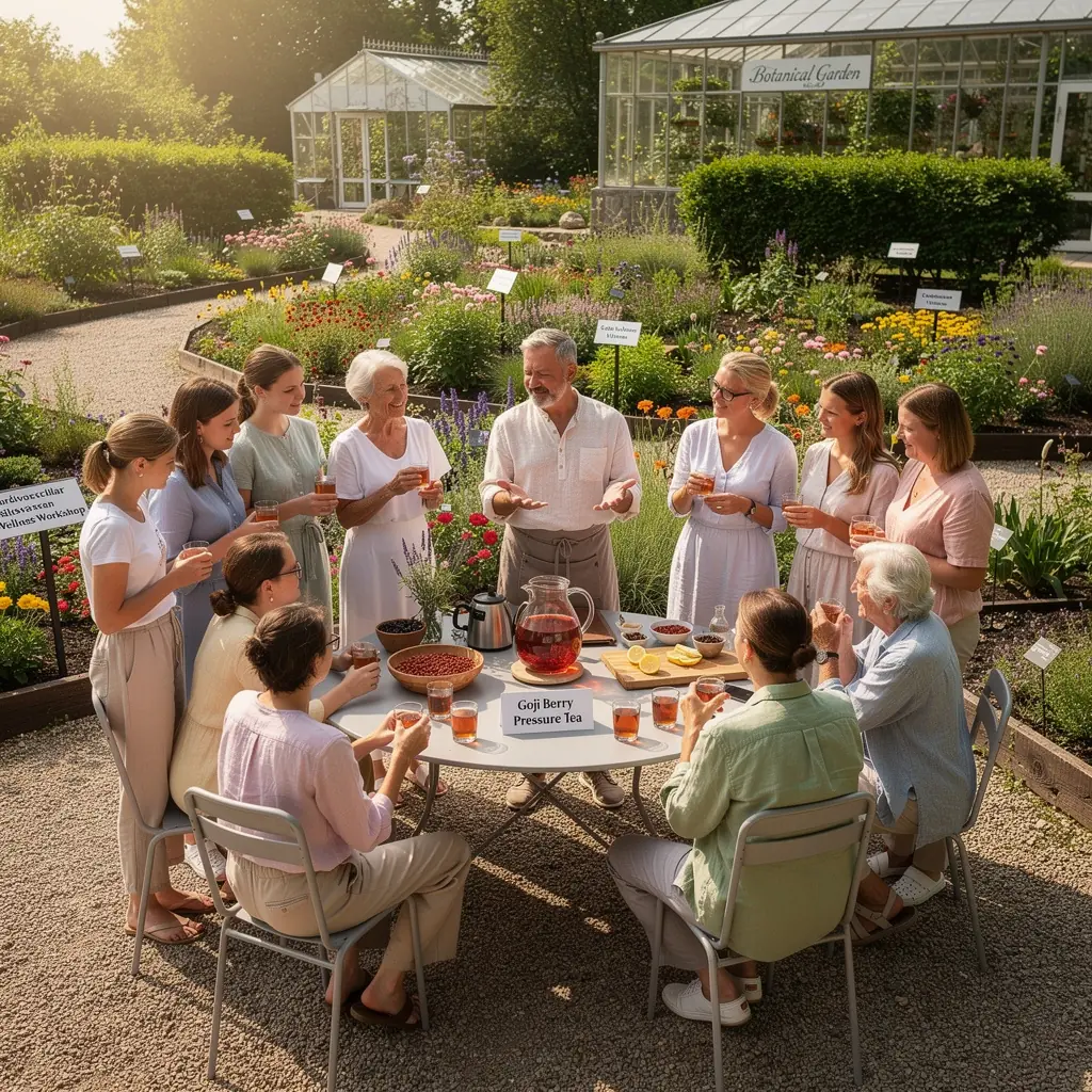 Paruošta goji uogų arbata, stovinti ant stalo, supažindinanti su sveikatingumo nauda.